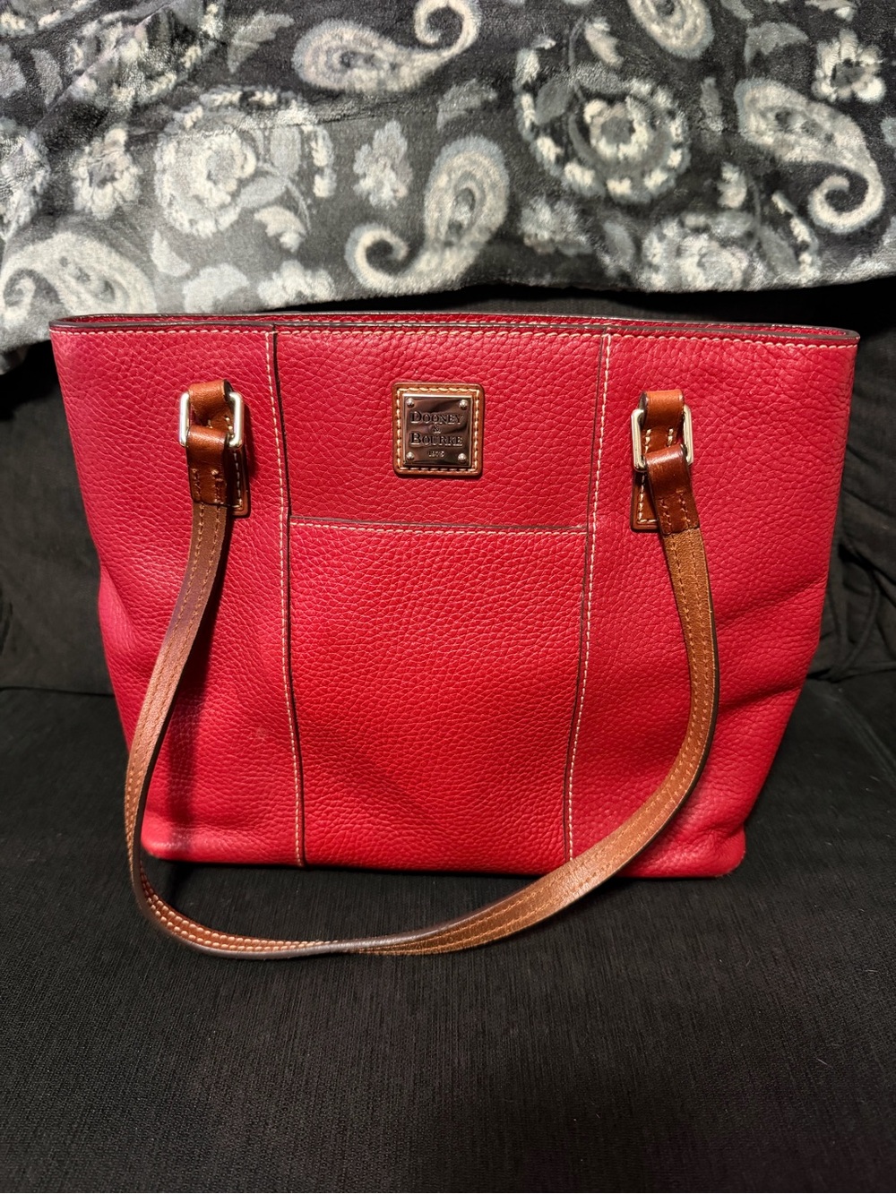 Dooney & Bourke Red Pebbled Leather Tote with Brown Straps